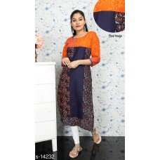 Riya Blue Orange Block Print Straight Kurta